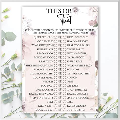 This or That, Bridal Shower Game, Pink, Floral - Etsy