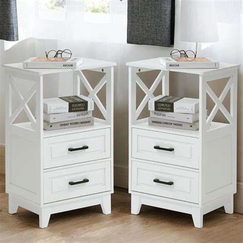 Set of 2 White Wood X-Design Tall Nightstands with Drawers for Bedroom ...