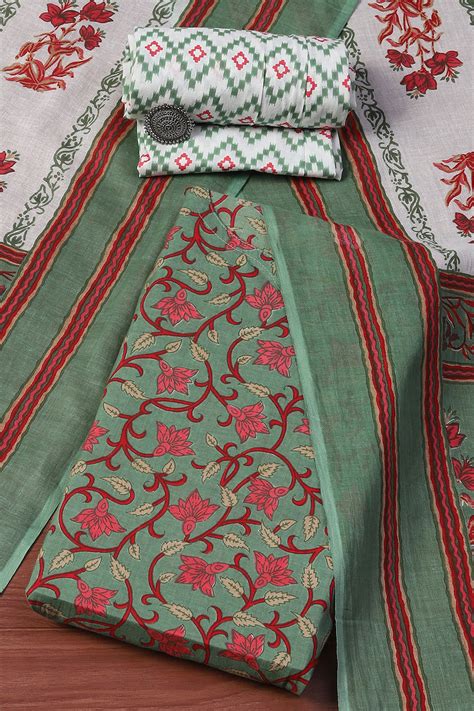 Buy Green Cotton Unstitched Suit set Online at Biba India