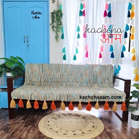 Handloom Sofa Throw cover with Orange and Beige Tassels – KACHCHA AAM
