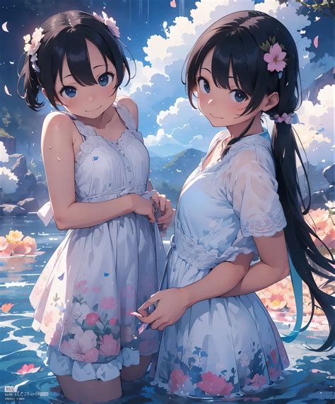 Two anime girls in dresses standing in the water with flowers - SeaArt AI