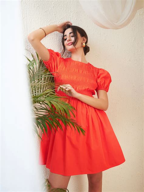 Buy Women Orange Poplin Smocked Gathered Dress Online at Best Price ...