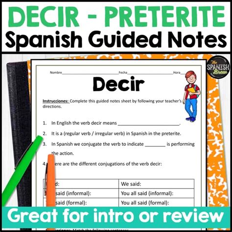 Spanish high frequency verb Decir Guided notes in preterite - Sweet 16 verb