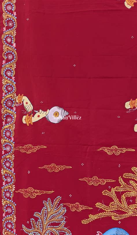 Reddish Maroon Arjuna Bows to Navagunjara Hand-Painted Pattachitra Sar ...