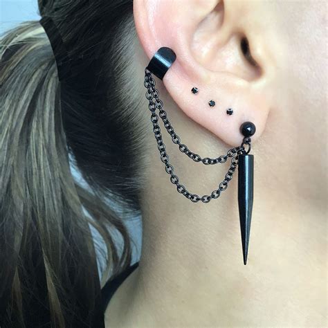 Ear Cuff With Spike Earring, Spike Earrings, Mismatched Earrings, Black ...