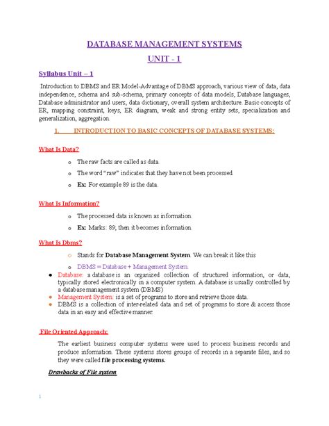 DBMS - UNIT - 1 - DATABASE MANAGEMENT SYSTEMS UNIT - 1 Syllabus Unit ...
