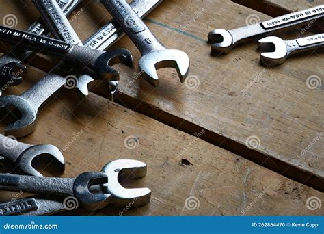 Open Ended Wrenches on Wooden Work Bench Stock Photo - Image of wooden ...