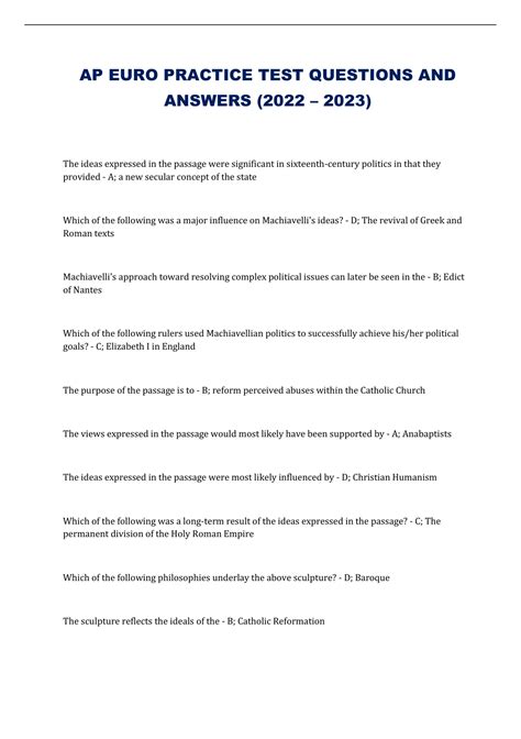 AP EURO PRACTICE TEST QUESTIONS AND ANSWERS (2022 – 2023) - AP European ...