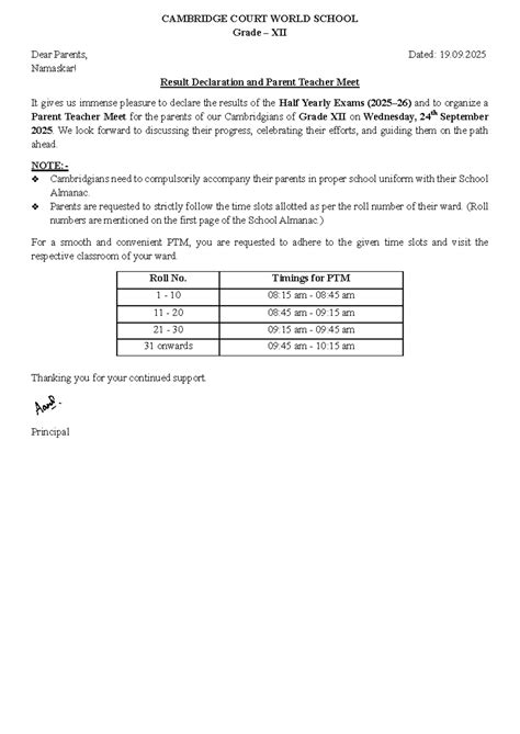 PTM Circular for Grade XII - Half Yearly Results & Meet - Studocu
