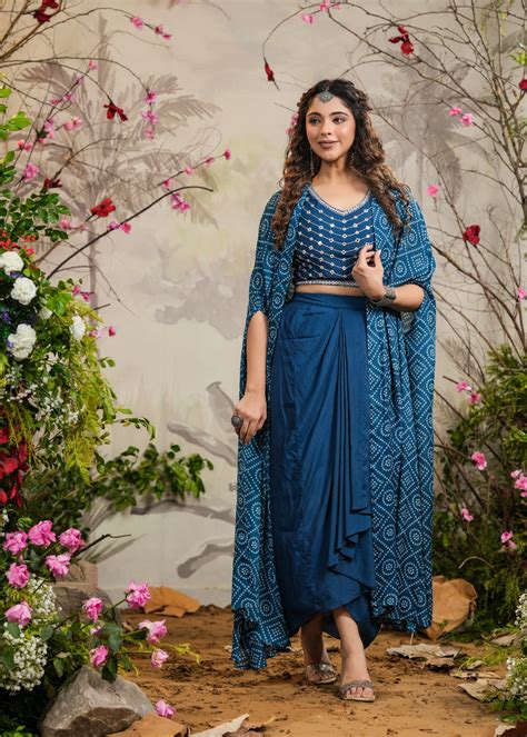 Geet Teal Bandhej Draped Skirt Cape Set – EverBloom