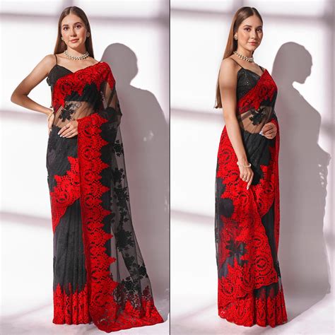 Black Floral Embroidered Net Saree