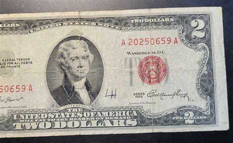 This is a 1953 Red Seal Two Dollar Bill. It is Not Centered and Has ...