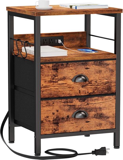 End Table with Charging Station, Nightstand with Fabric Drawers, Side ...