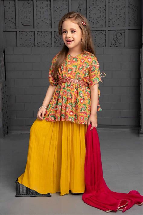 Yellow Printed Palazzo Set With Mirror Work For Girls – Lagorii Kids