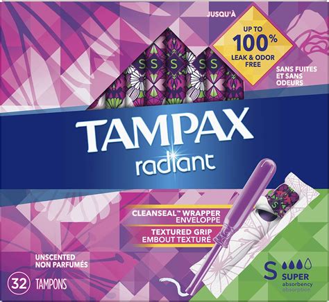 Tampax Radiant Tampons Super Absorbency, Unscented, 32 Count,packaging ...