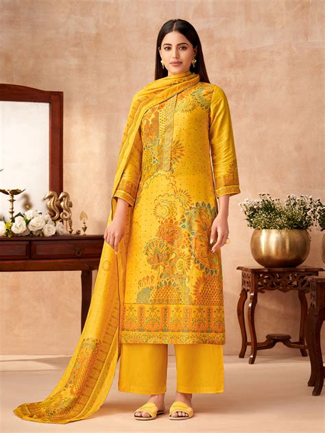 VRUSHTI YELLOW Simmar Tissue Unstitched Set With Fancy Handwork & Embr ...