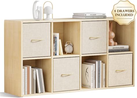 8 Cube Storage Organizer - Solid Wood Bookshelf with 4 Storage Bins ...