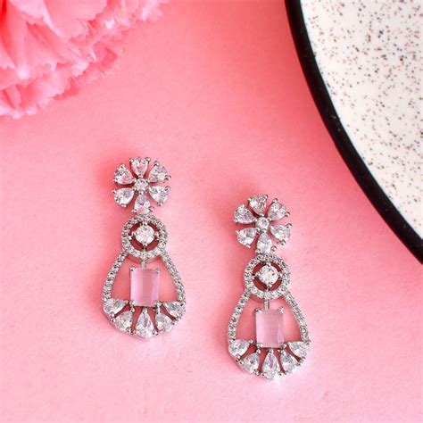 Buy Voylla Sparkling Elegance Pale Pink Square Cut Cz Dangler Earrings ...
