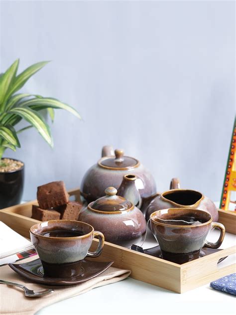 Buy VarEesha Stoneware Tea Pot with Cups Morning Set, Brown Online at ...