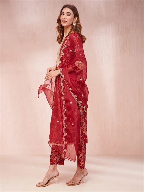 Maroon Floral Print Sequins Work Straight Kurta Trouser And Dupatta Se ...