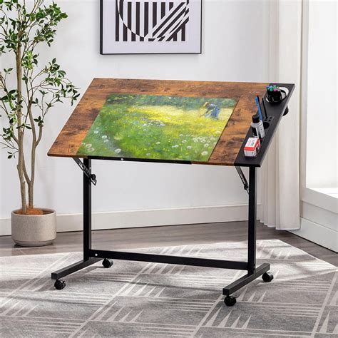 VECELO Vintage Drawing Drafting Table, Adjustable Tilting Top Art Desk