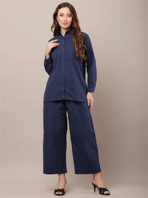 Blue with Shirt Collar Long Sleeves shirt With Trouser Co-Ord Set – NoBarr