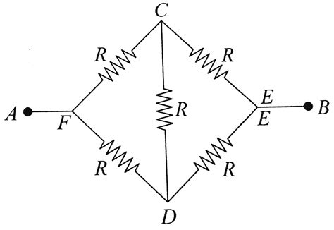 Five equal resistances each of resistance `R` are connected as shown in ...