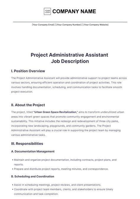 Free Project Administrative Assistant Job Description Template to Edit Online