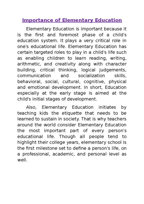 Importance of Elementary Education - Importance of Elementary Education Elementary Education is ...