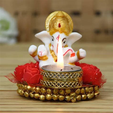 eCraftIndia Lord Ganesha Idol on Decorative Plate with Tea Light Holde ...