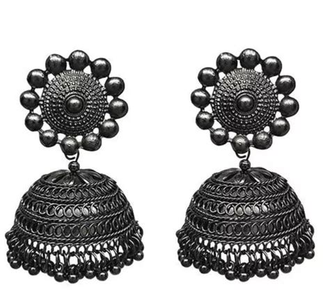 Buy Black Metal, Dome-Shaped Oxidised Jhumkas Earrings to heighten your ...