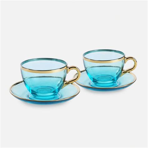 Shop Set of 2 Light Blue Glass Gold Rim Tea Cups & Saucers - at Best ...