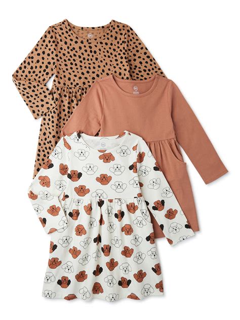 Wonder Nation Baby and Toddler Girls' Long Sleeve Dress with Pockets, 3 ...