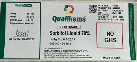 Food Chemicals - Sorbitol Liquid 70% Food Grade Manufacturer from Vadodara