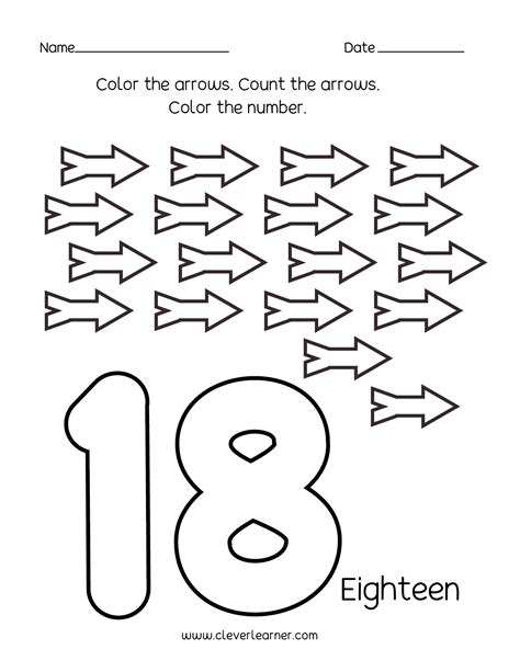 Number 18 writing, counting and identification printable worksheets for ...