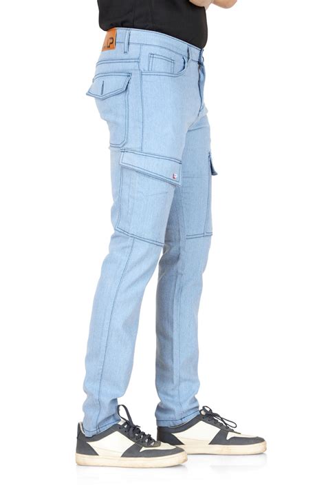 Men’s SKY BLUE Straight Fit Denim Cargo Jeans | Casual Mid-Rise with S ...