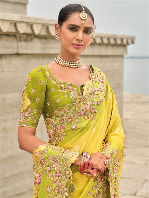 Yellow-Mehendi Color Shaded Soft Silk Embroidered Heavy Border Saree ...