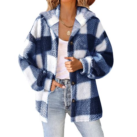 Augper Womens Plaid Shacket Jacket Long Sleeve Button Down Fleece ...