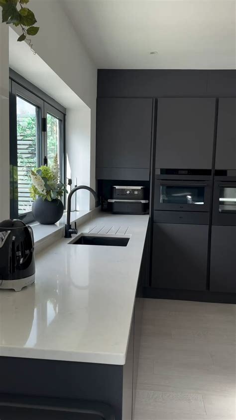 Black and white kitchen, absolute matte black laminex, quantum quartz ...