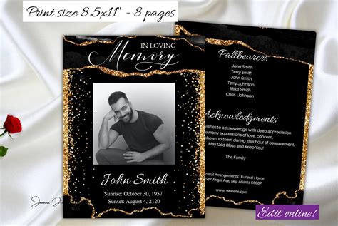 Buy Black Gold Funeral Program Template Obituary Template Modern ...