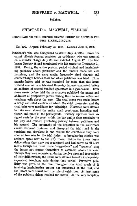 U.S. Reports: Sheppard v. Maxwell, 384 U.S. 333 (1966). | Study notes ...
