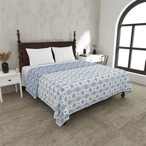 Ocean Whisper Blue and White Cotton Reversible Double Bed Dohar ...