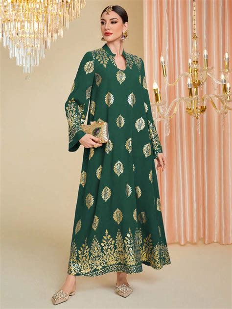 Divindia Gold Foil Print Bell Sleeve Dress | SHEIN USA