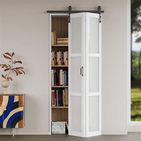 Paintable Bifold Barn Door with 3 Lite Frosted Tempered Glass, Pre ...