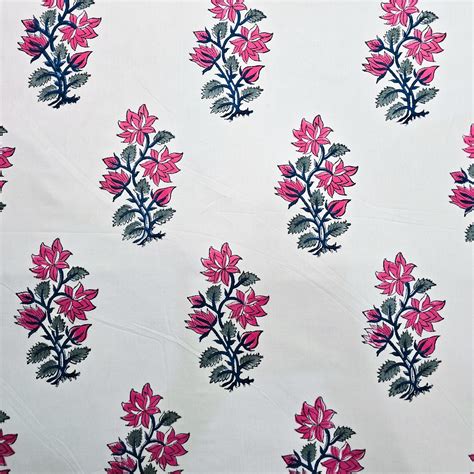 Pure Cotton Jaipuri White With Pink Tulip Big Motif Hand Block Print F ...