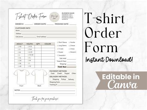 Shirt Order Form Template, Custom T-shirt Order Form, Tshirt Invoice ...