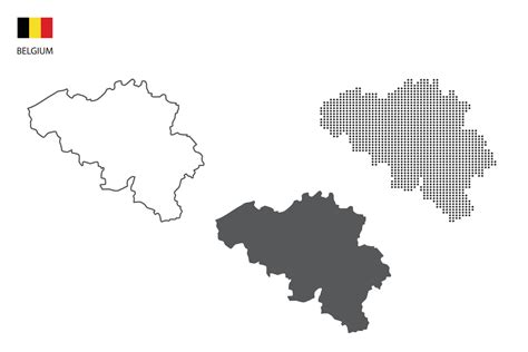 3 versions of Belgium map city vector by thin black outline simplicity style, Black dot style ...