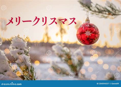 Text Merry Christmas in Japanese! Blurred Background of Beautiful ...