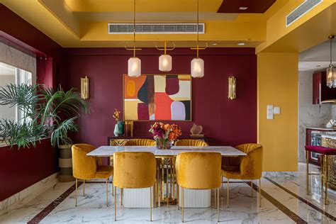 Colourful Maroon and Gold Wall Colour Combination for Dining Room with ...