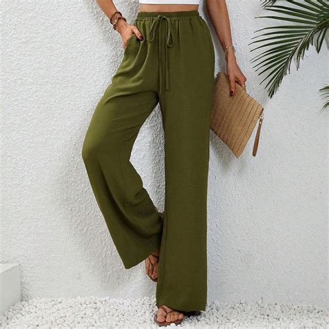 Ayolanni Womens Pants Army Green Wide-Leg Drawstring High Rise Solid ...
